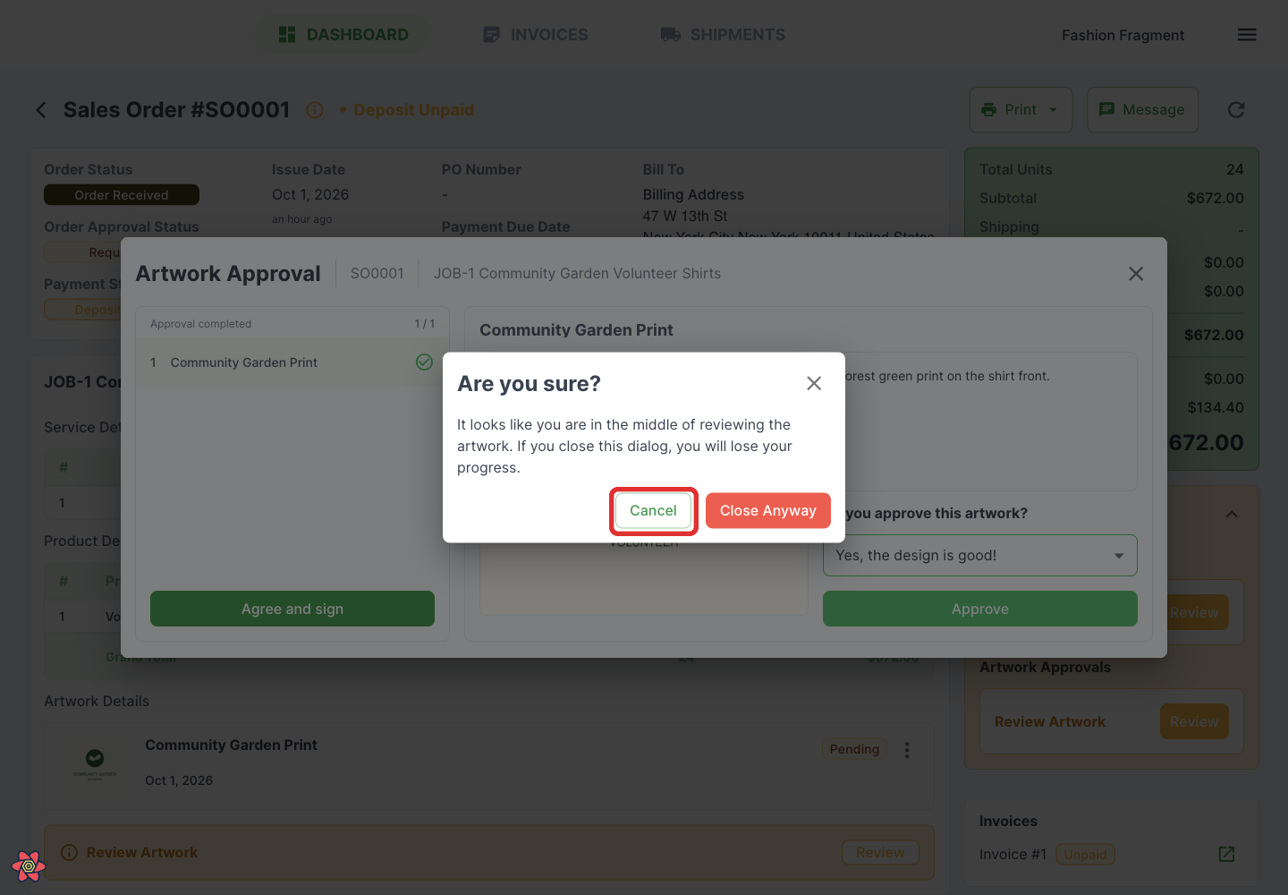 Confirmation before discarding an unfinished artwork review