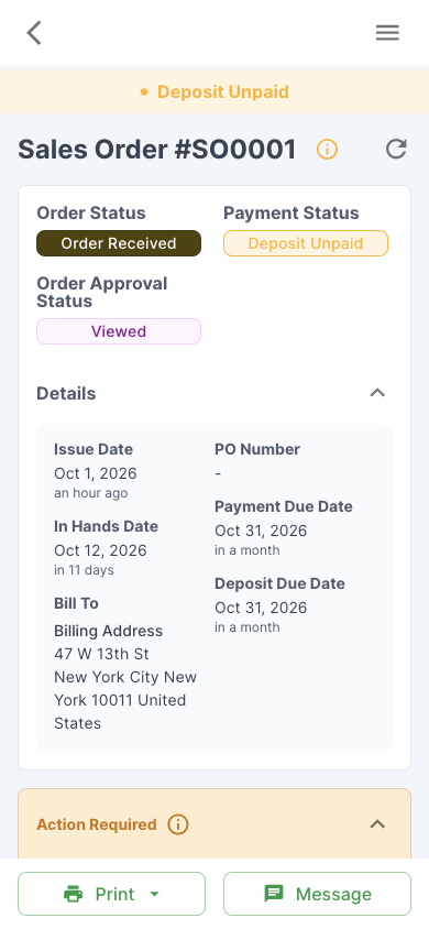Order details and bottom actions on a phone