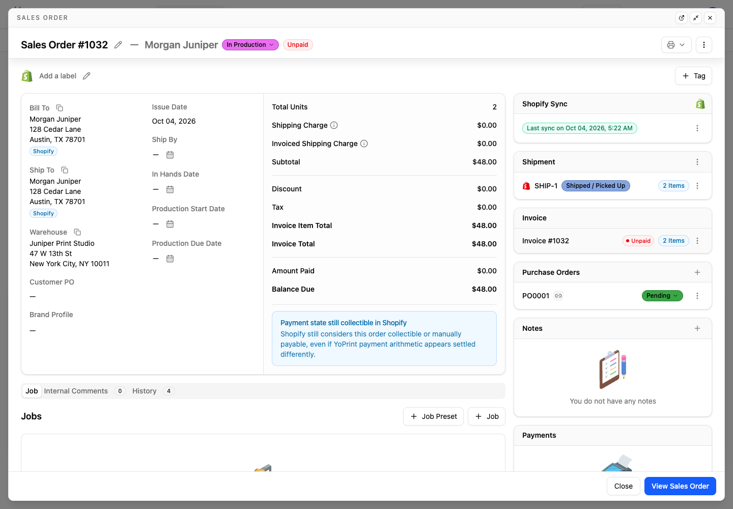 Sales order 1032 showing linked PO0001 in its Purchase Orders card.
