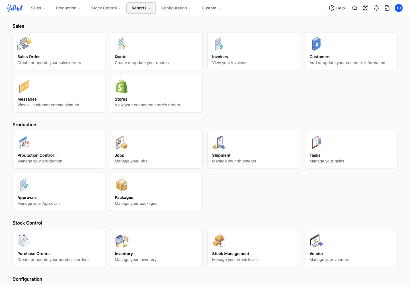 The YoPrint dashboard with Sales, Production and Stock Control cards