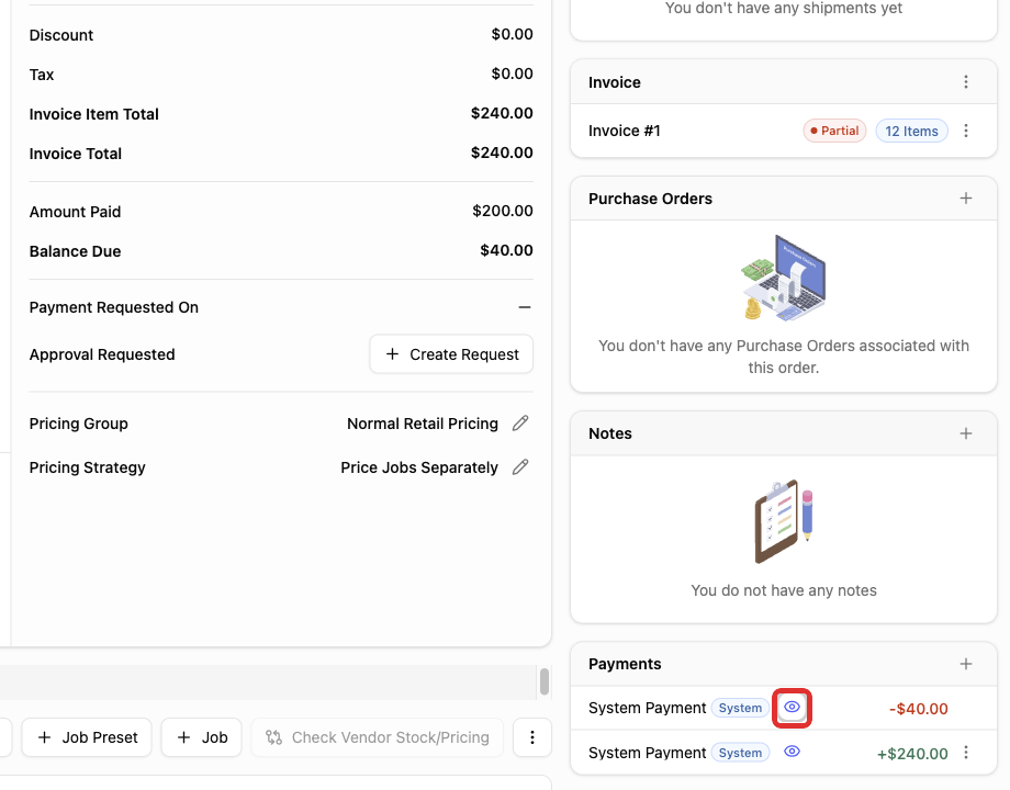 Eye icon beside the refund in the current Payments area