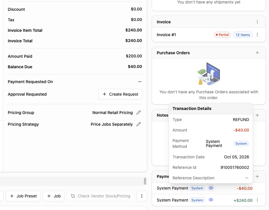 Current Payments area showing the $240 payment, $40 refund, and refund transaction details
