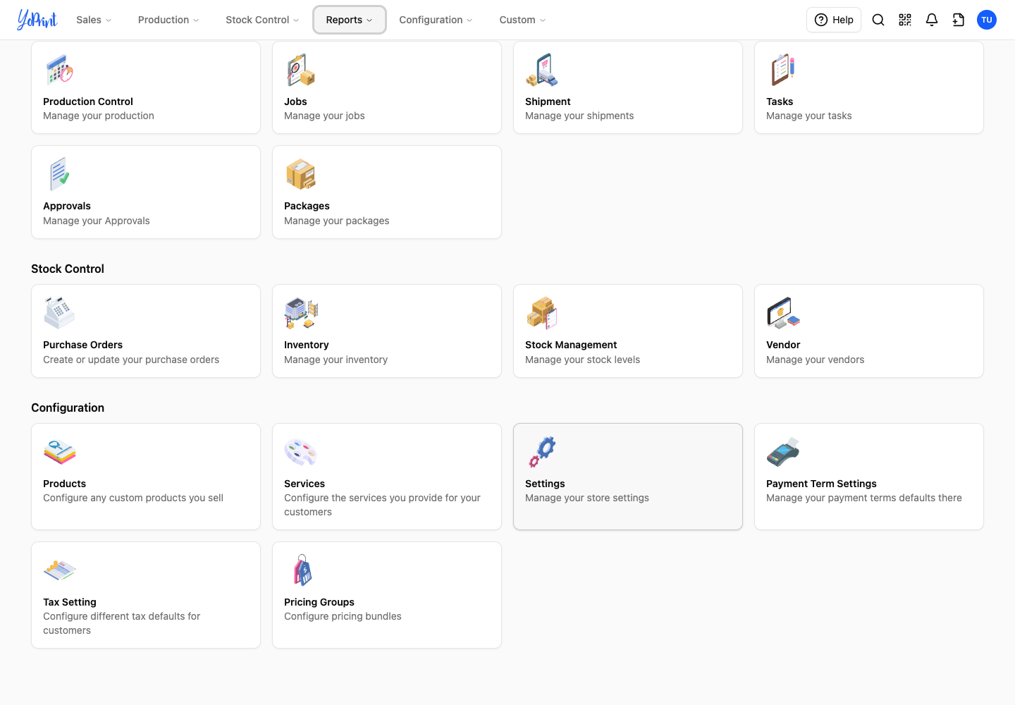 Stock Control and Configuration cards lower on the dashboard