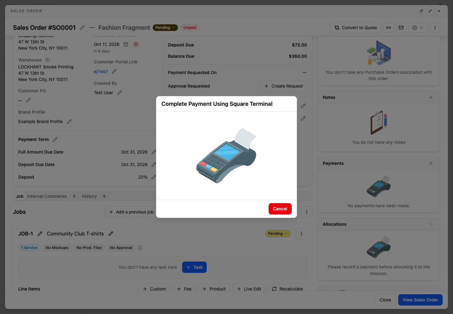 YoPrint waiting for payment on Square Terminal