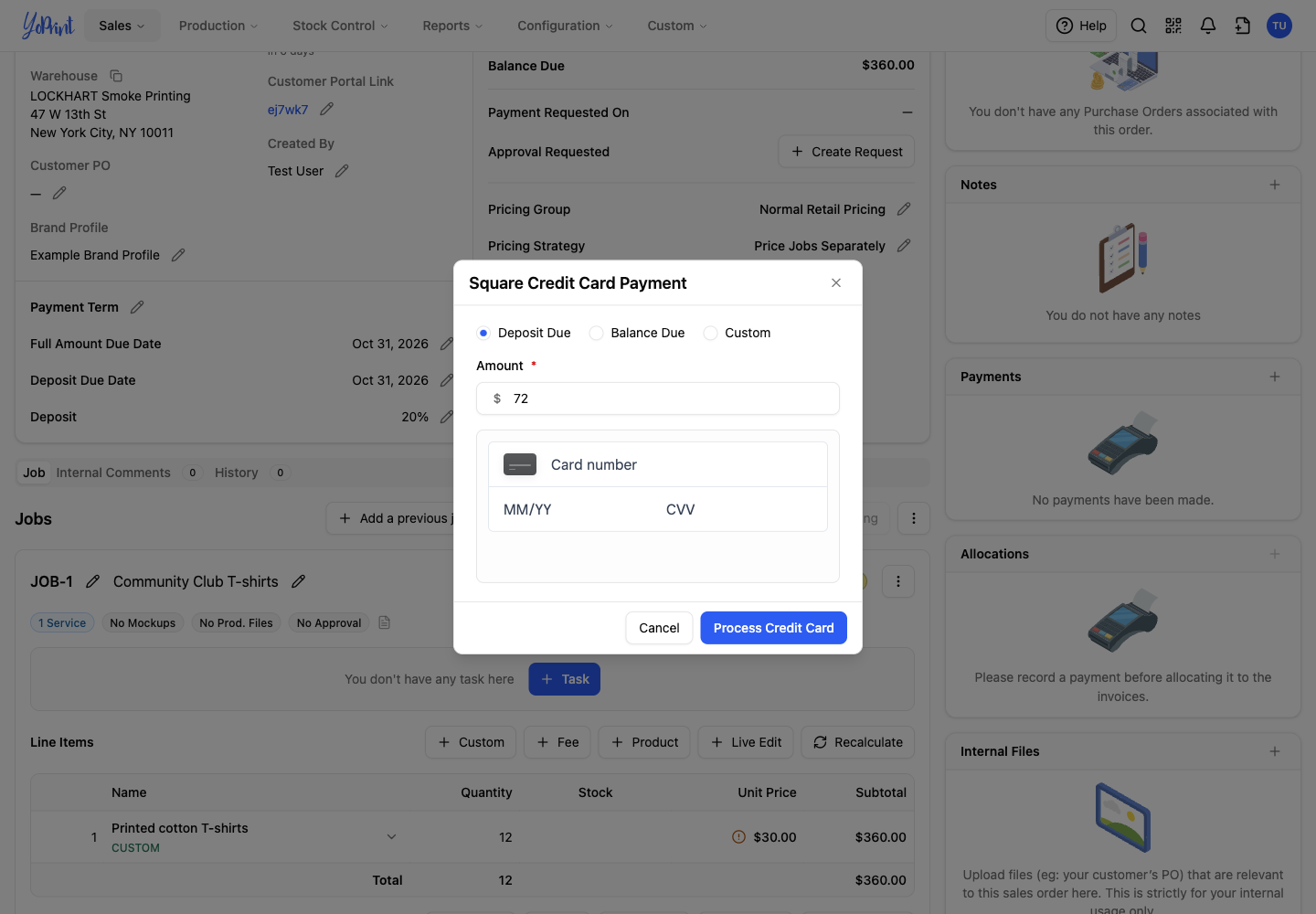 Square Credit Card Payment with an amount and empty card fields