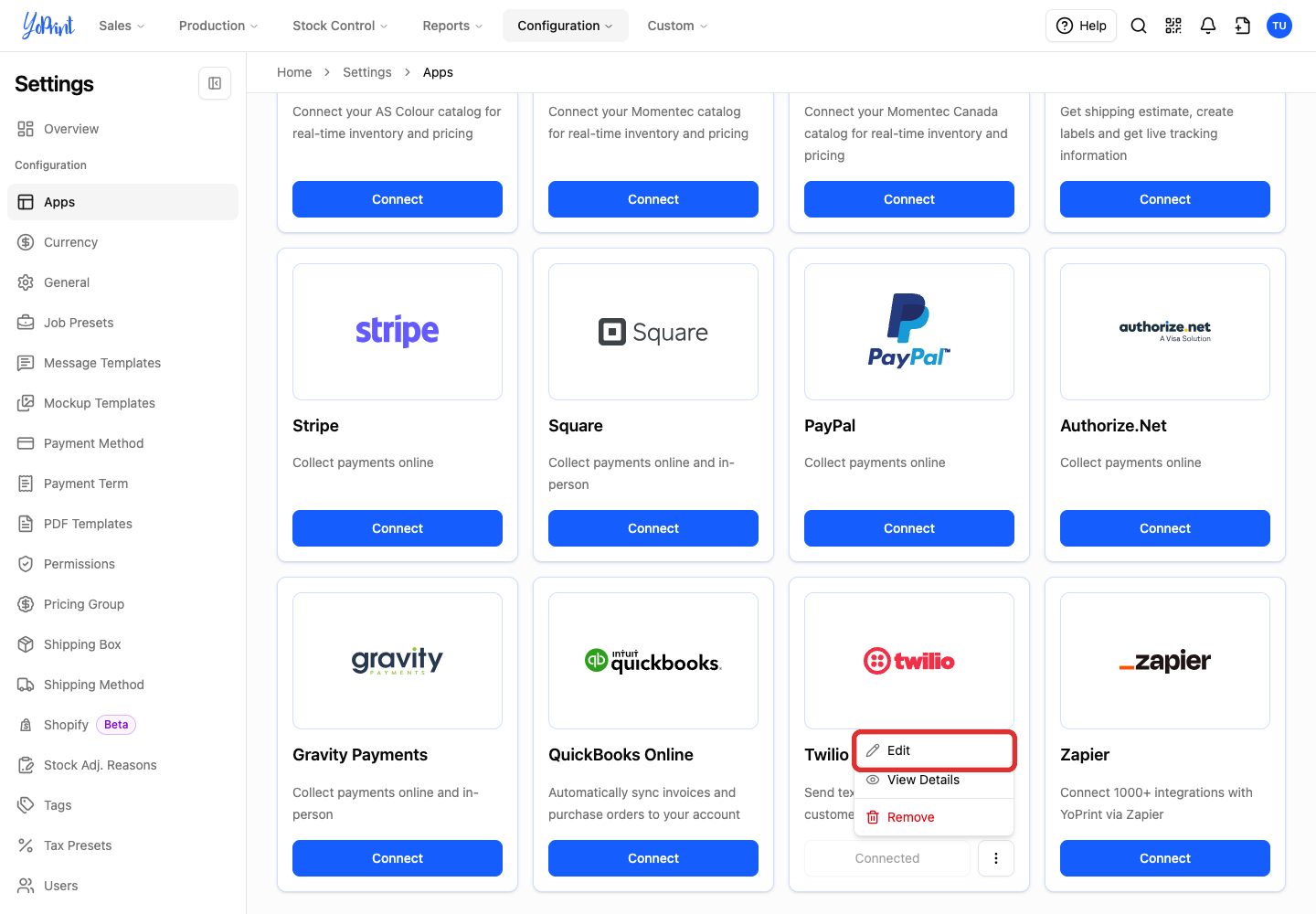 Edit in the Twilio menu