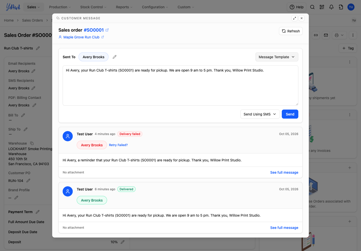 Delivered and Delivery failed messages in the order's message list