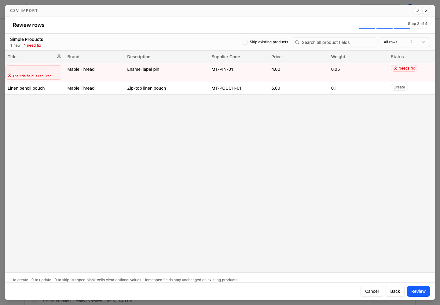 A missing title beside a valid product row