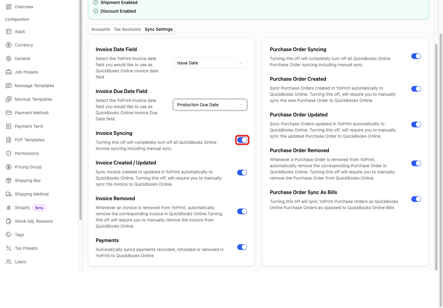 Invoice Syncing and its related controls