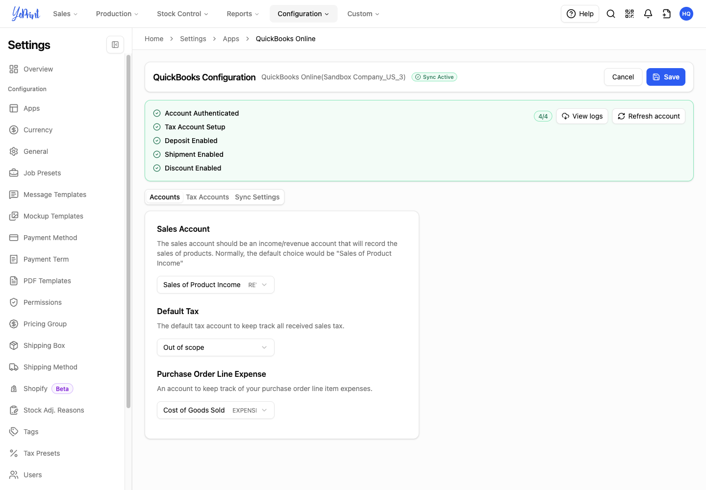 Saved QuickBooks configuration with the connected company and Sync Active