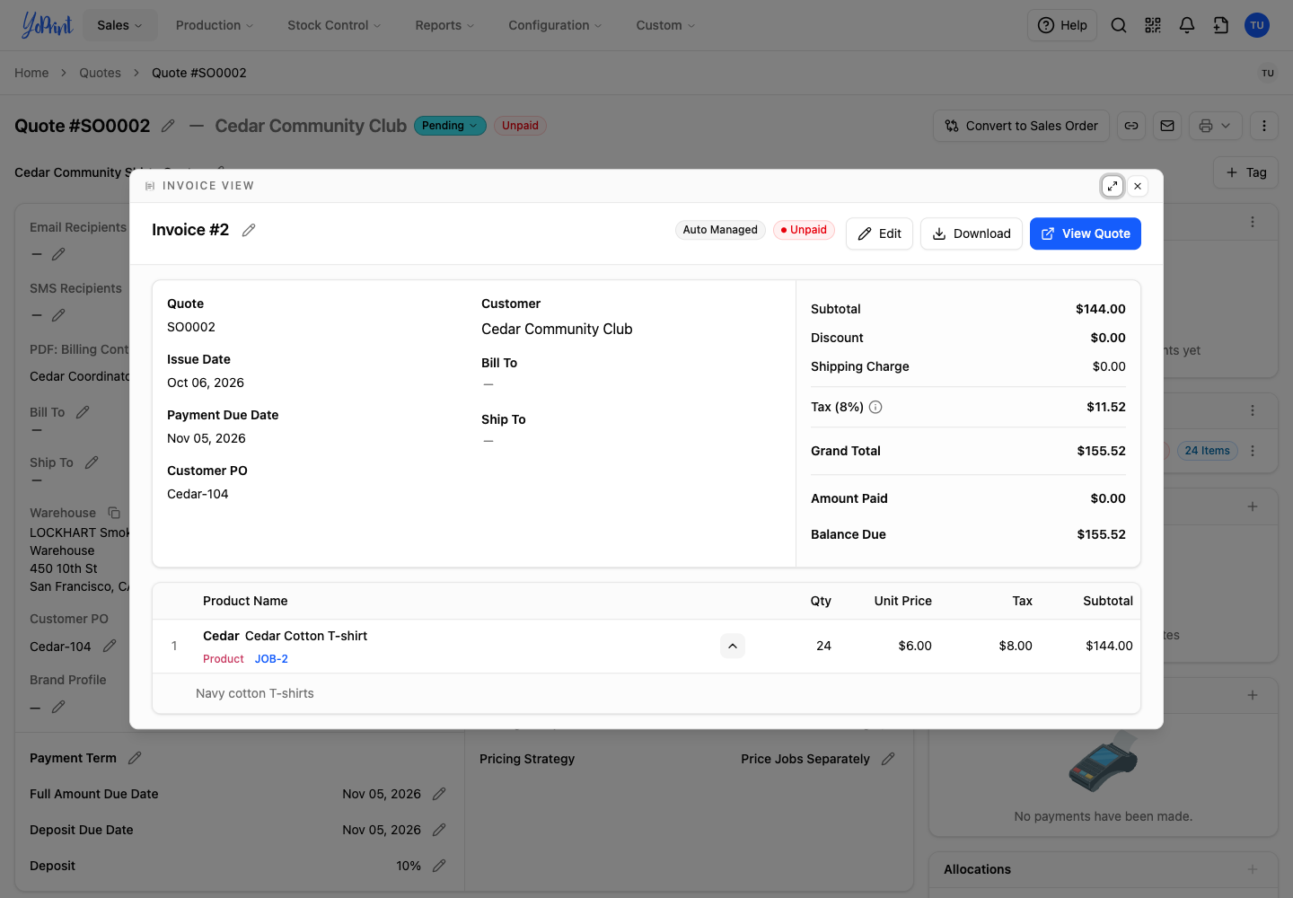 The Cedar quote's invoice showing 24 shirts, unit price, an 8 percent tax and the total