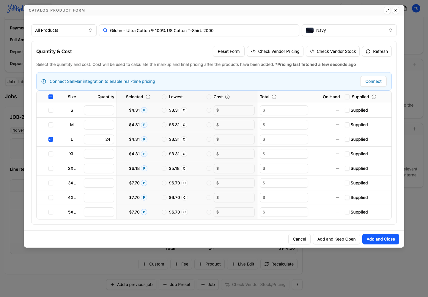 A Gildan catalog product with size quantities, costs, Check Vendor Pricing and the vendor connection prompt