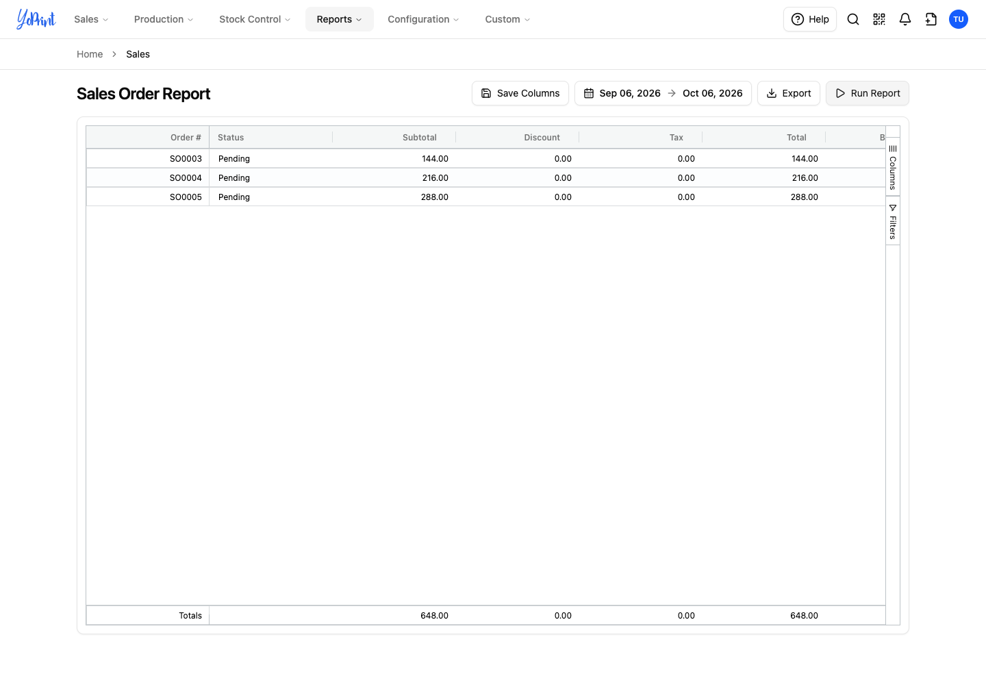 A Sales Order Report showing the Cedar order's status, subtotal, discount and tax for the selected dates