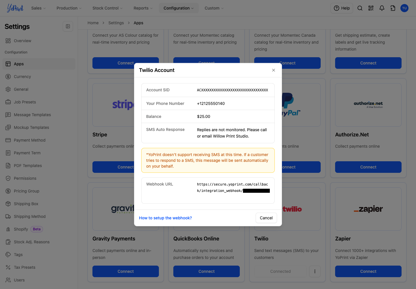 Account details and balance in YoPrint