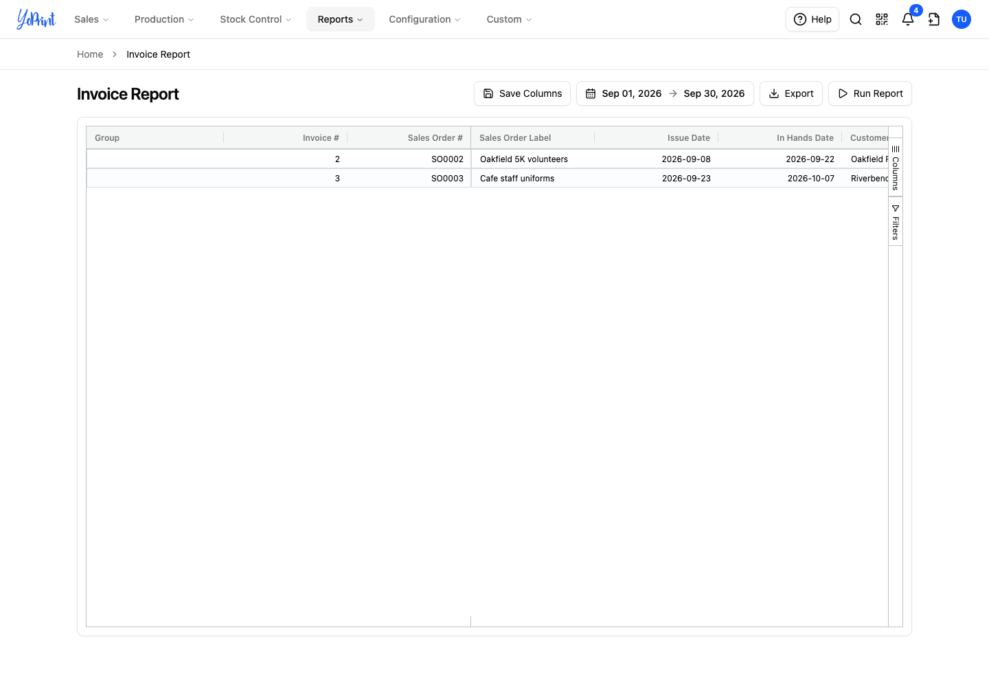 September invoice report with two rows