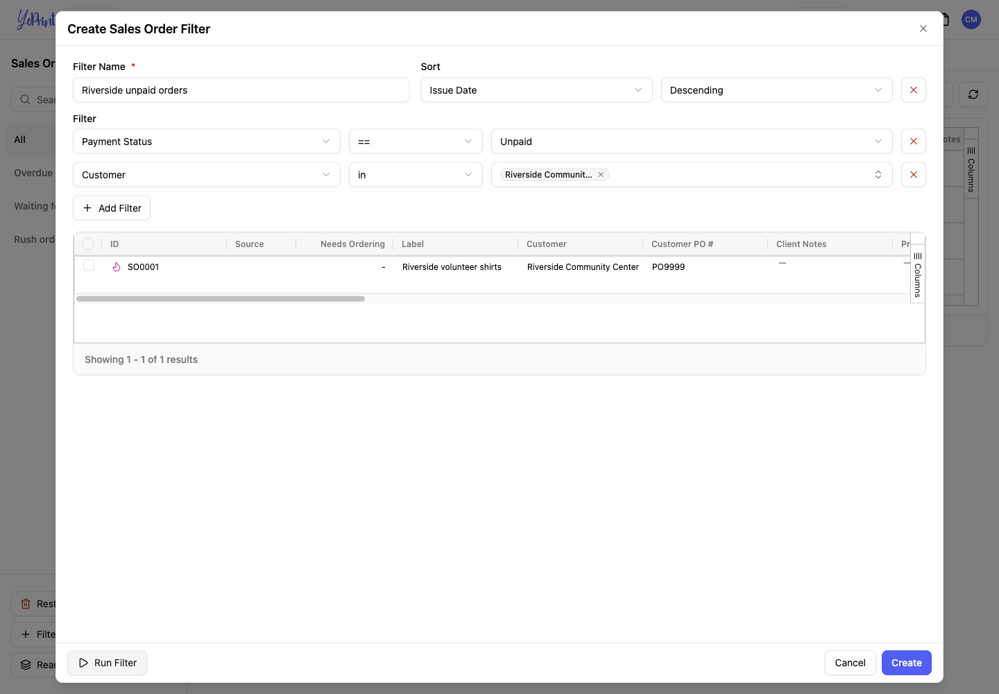 An unpaid-order filter with a customer condition, issue-date sorting, and one matching order.