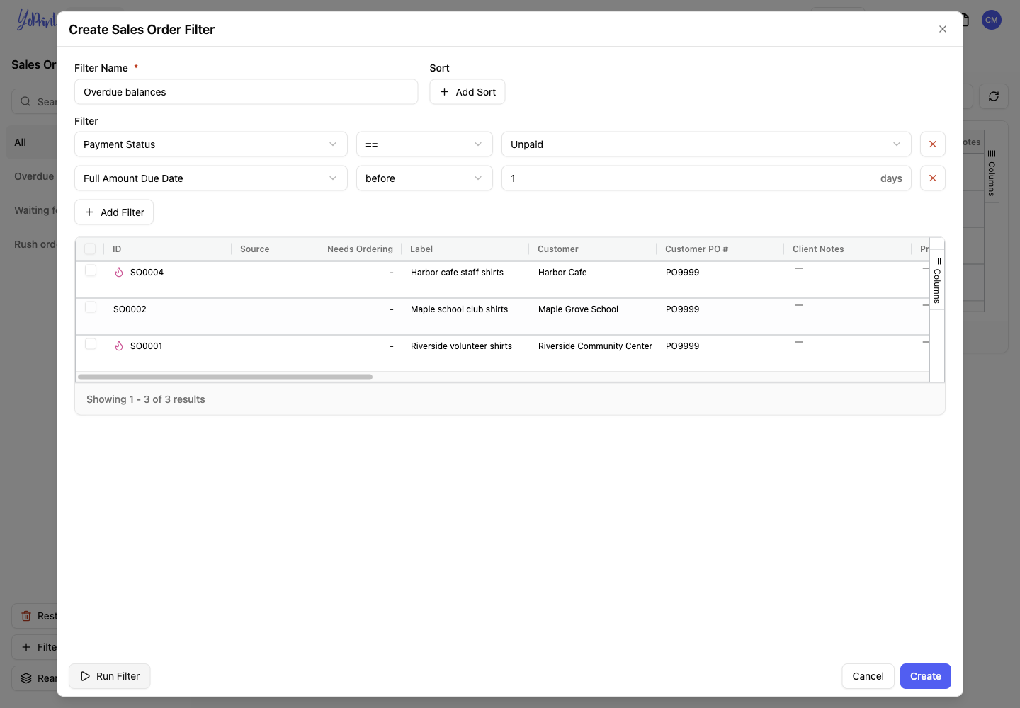 The overdue-balance filter combines Payment Status Unpaid and Full Amount Due Date before one day.