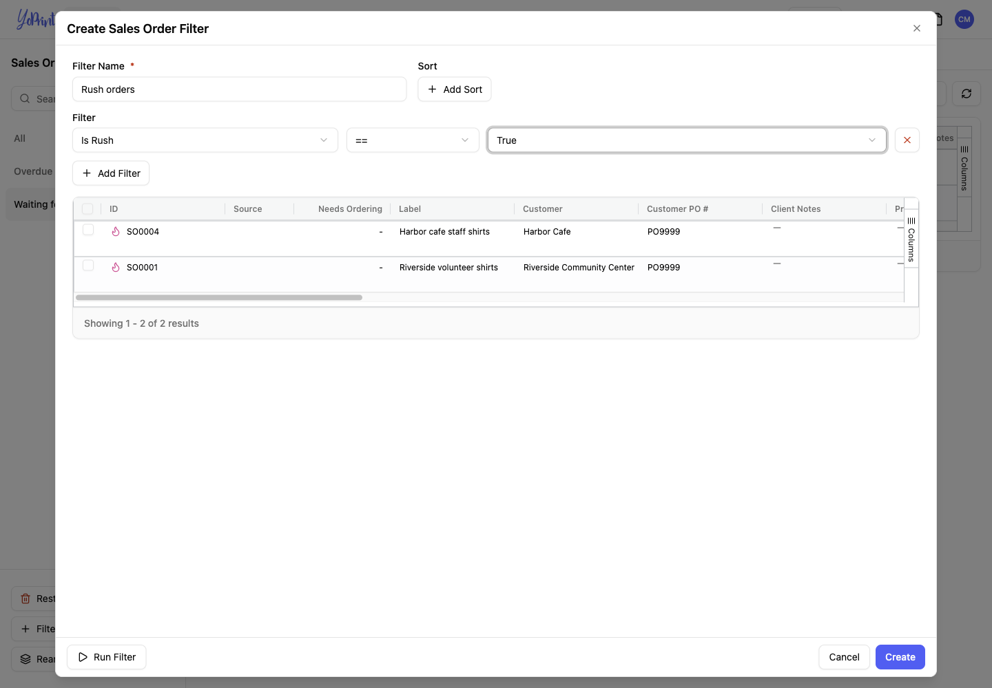Rush orders filter with Is Rush set to True and two matching orders.