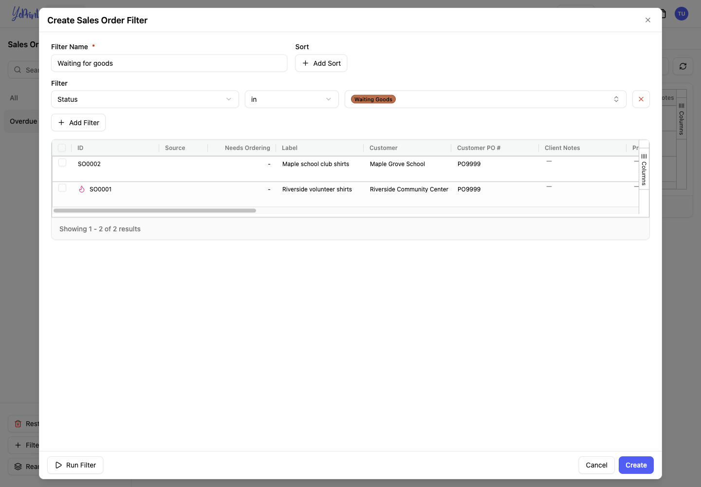 Waiting for goods filter with two matching sales orders.