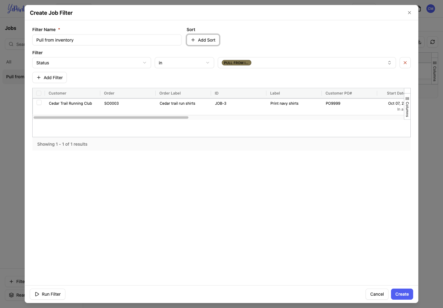 Job filter set to Pull From Inventory with one matching job.