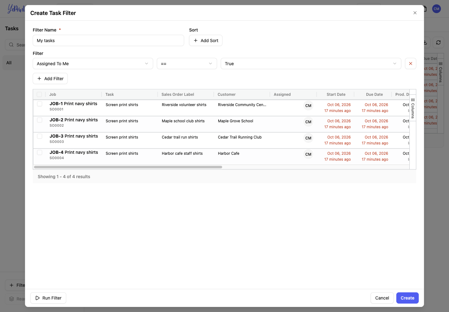 My tasks filter with Assigned To Me set to True and four matching tasks.