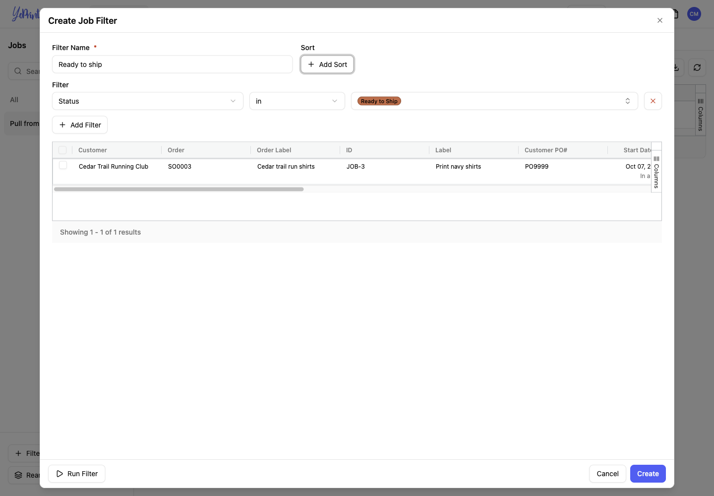 Jobs filter set to Ready to Ship, showing JOB-3.