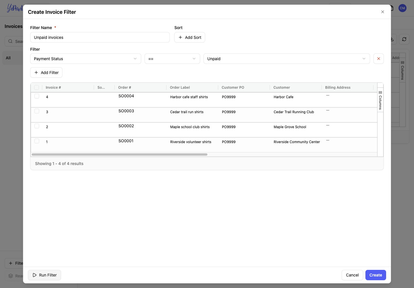 Unpaid invoices filter with Payment Status set to Unpaid and four results.