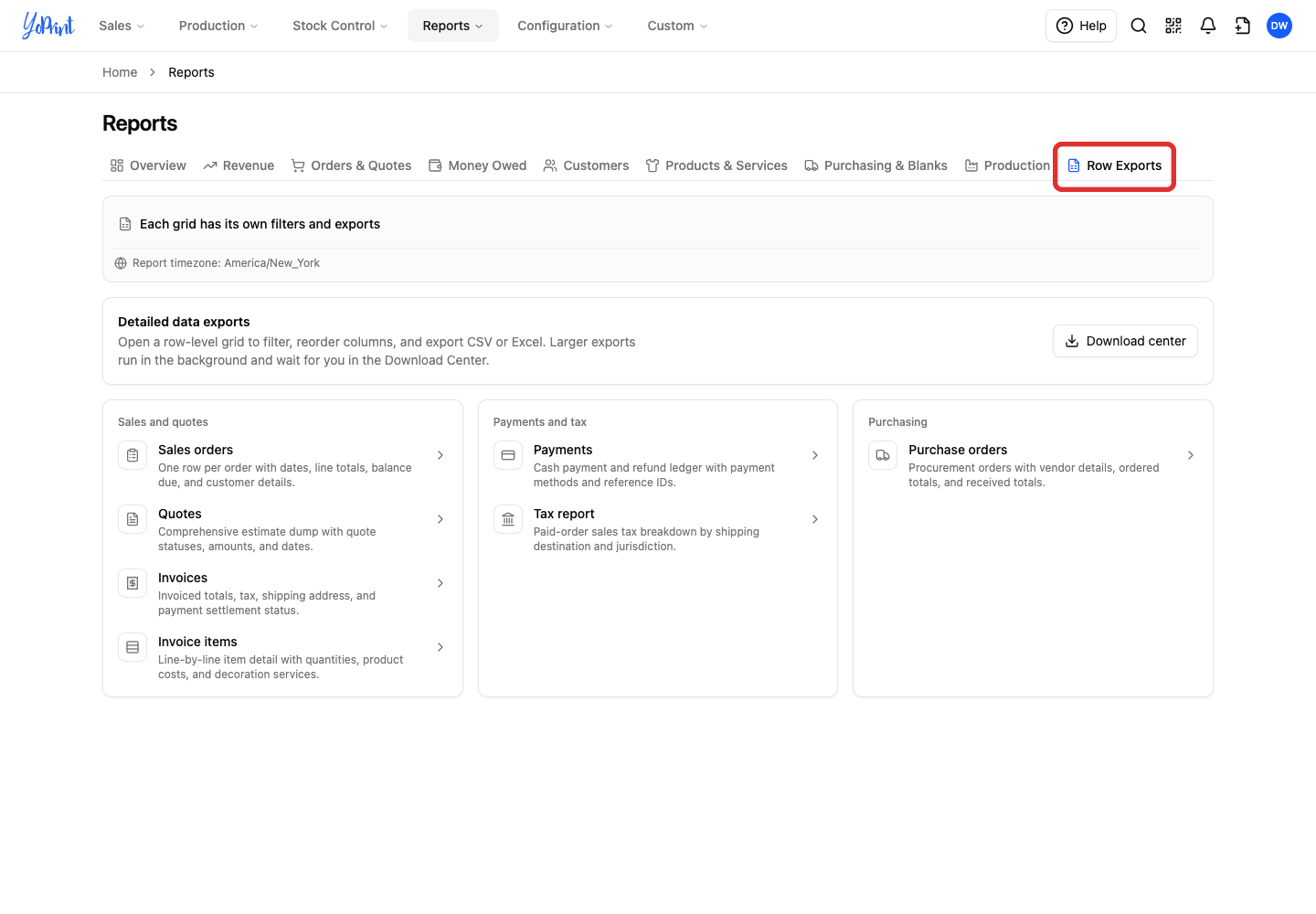 Row Exports tab with detailed report links