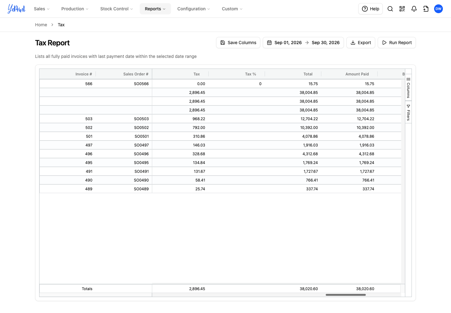 Tax, Total and Amount Paid for the expanded groups and the Totals row