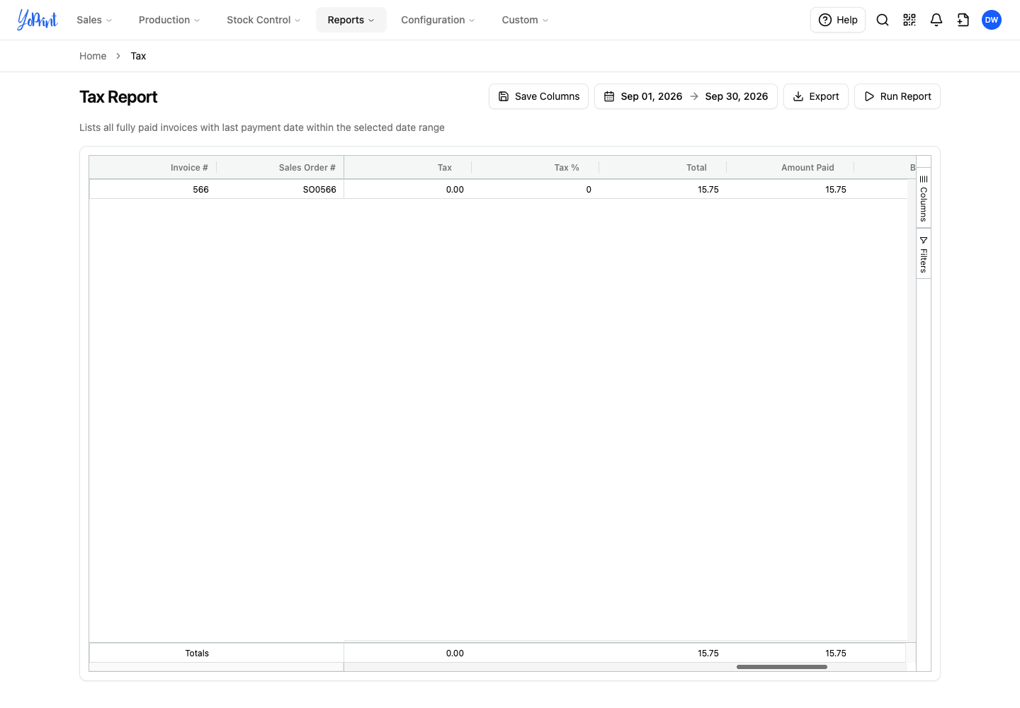 Only SO0566 remains, with Tax 0.00 and Total 15.75 in the row and footer