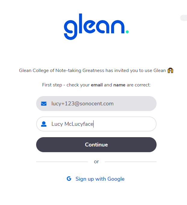 Glean sign up flow with Sign up with Google option enabled