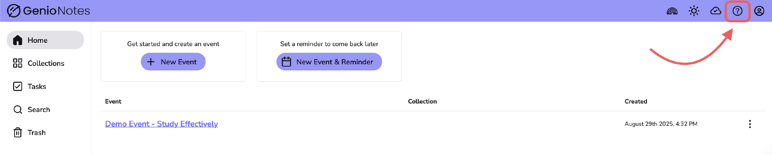 an image highlighting the question mark icon in the top right corner on the screen