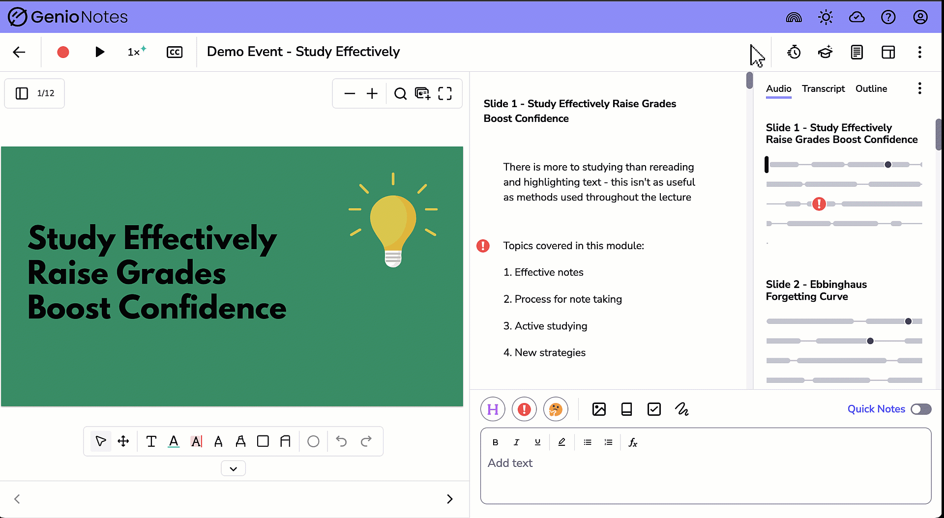 GIF showing switching between the Audio and Transcript tabs