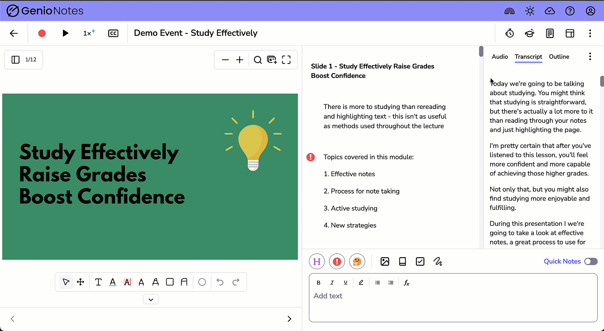 GIF showing highlighting the transcript and posting to the notes feed