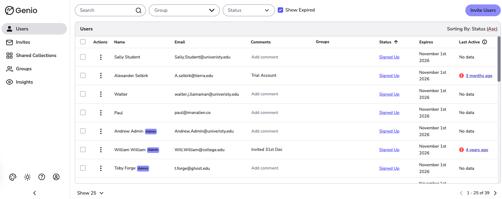 Image showing the user list in Genio Admin.