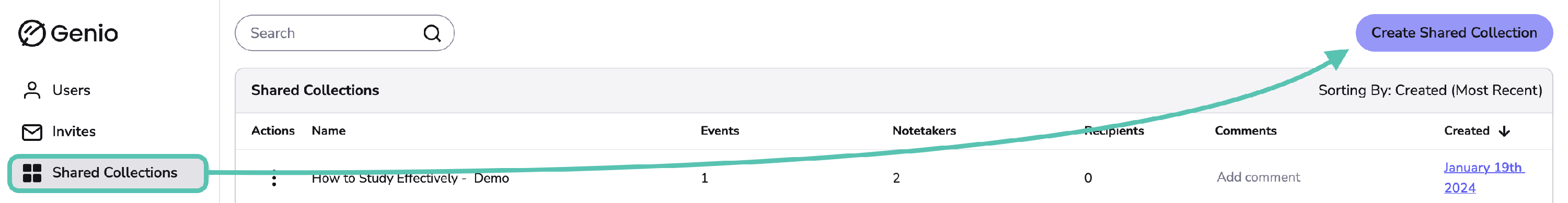Image showing the Shared Collections Tab, with an arrow pointing to the Create Shared Collection button