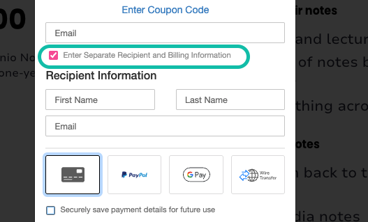 image highlights the box to enter separate recipient and billing details
