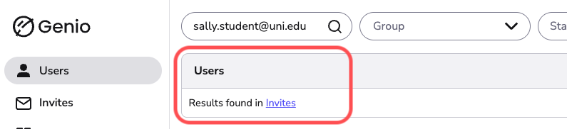 image highlights search results found in the invites tab