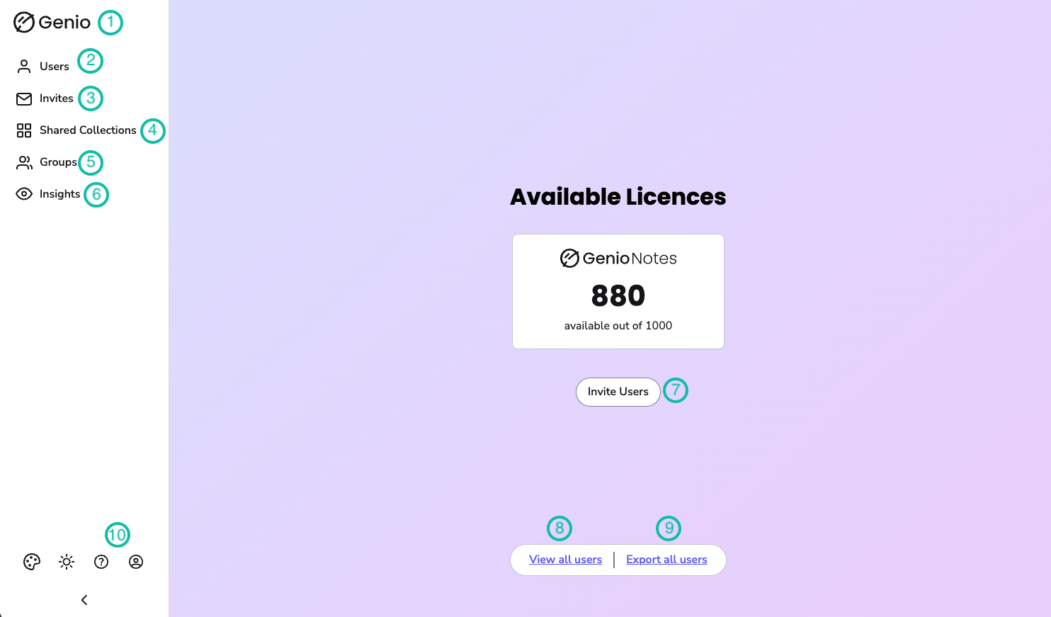 Image shows the Genio Admin homepage