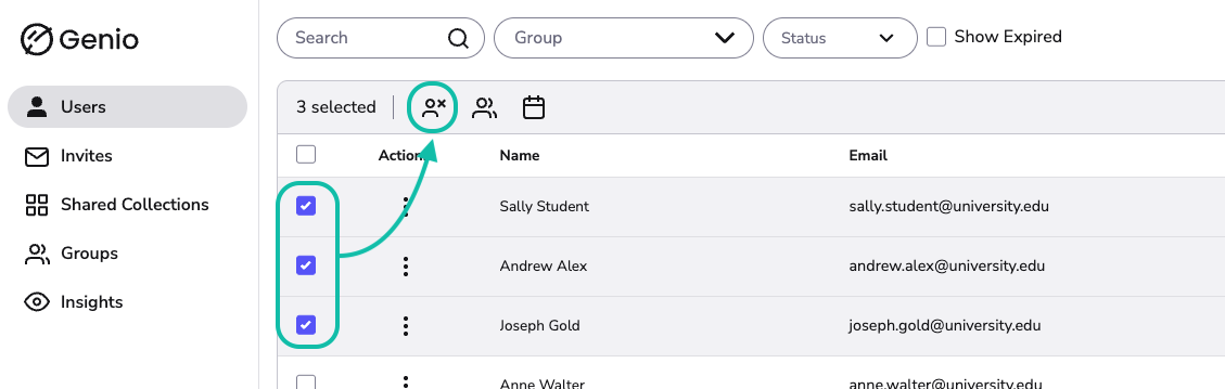 User Table with users selected and and arrow pointing at the Expire Users button.