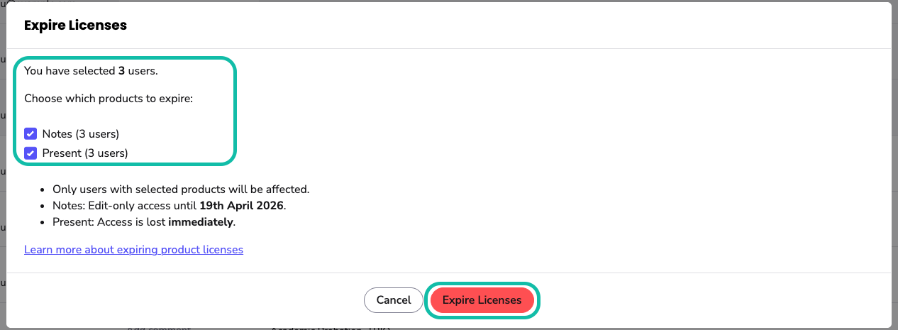 image highlights the Notes and Present expiry options for 3 users and the expire button.