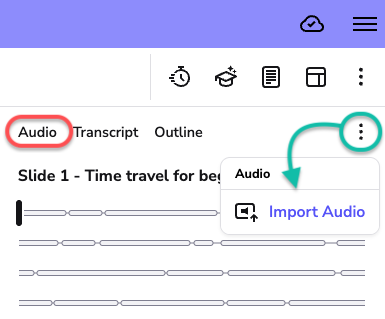 Image showing the audio options menu with an arrow pointing to Import Audio