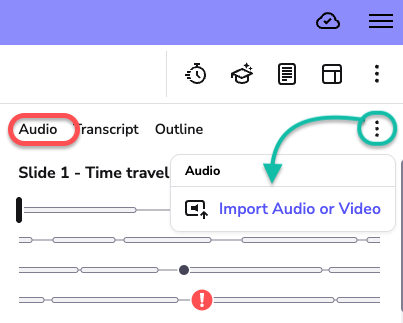 Image highlights the audio option menu with an arrow pointing to 'import audio or video' option
