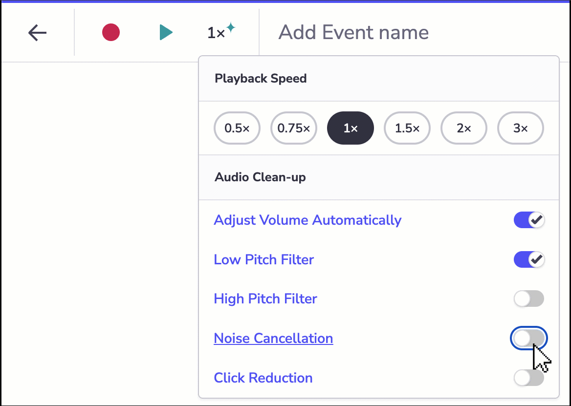 GIF showing toggling the audio clean up options.