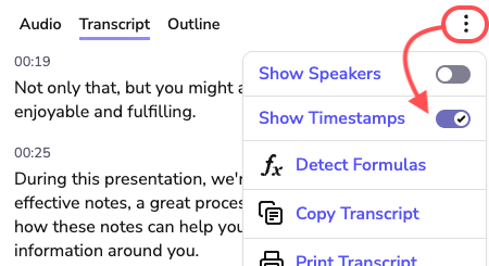 image shows the transcript options menu, with an arrow pointing to 'Show Timestamps'