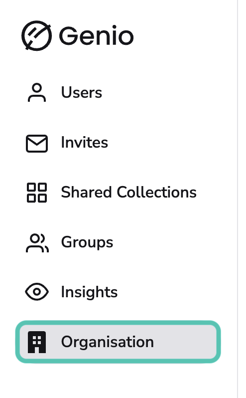 Genio Admin side bar with the Organisation tab highlighted