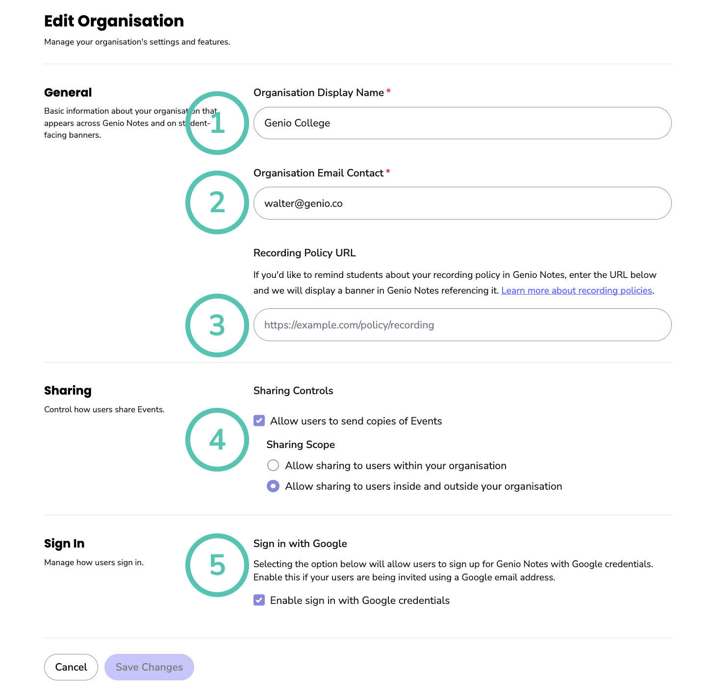 Image showing the Organisation tab