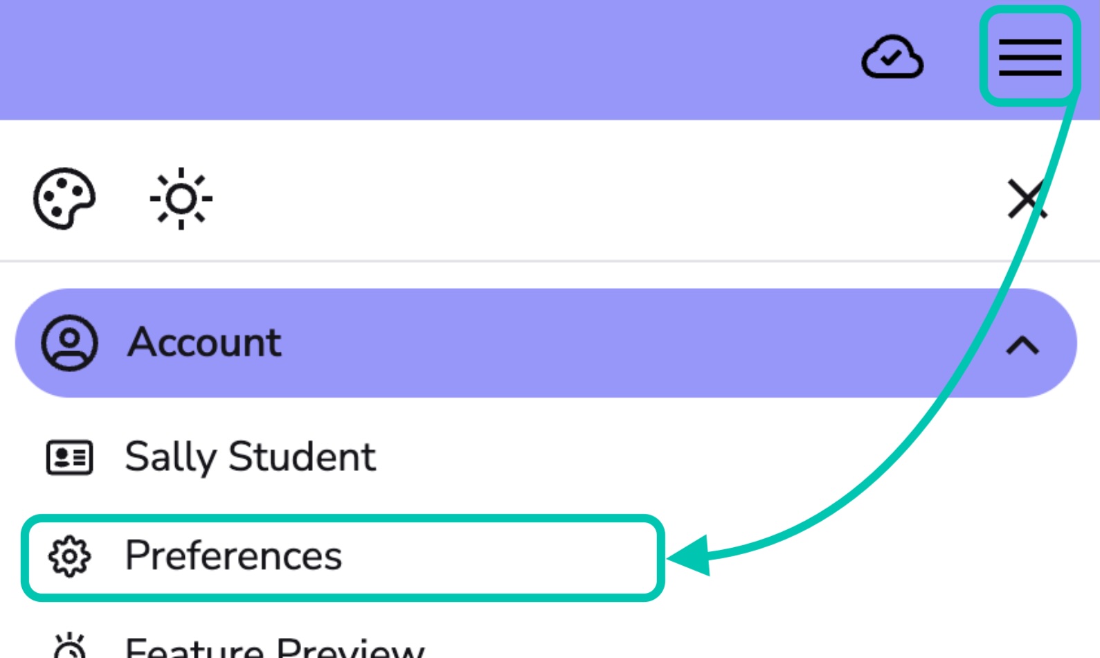 Burger menu (three line icon) with an arrow pointing to Preferences