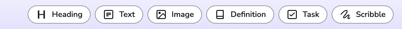 The smart card button row — Heading, Text, Image, Definition, Task, and Scribble