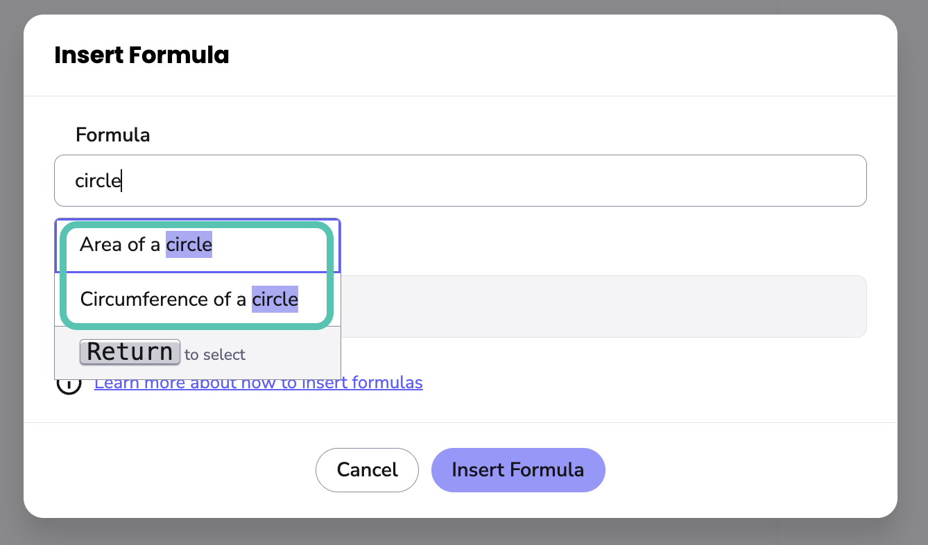 Image shows matching equation dropdown options after typing 'circle'.